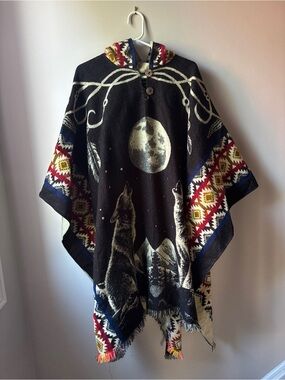 Black Moon Wolf Hooded Poncho Alpaca Wool Handmade in Ecuador
